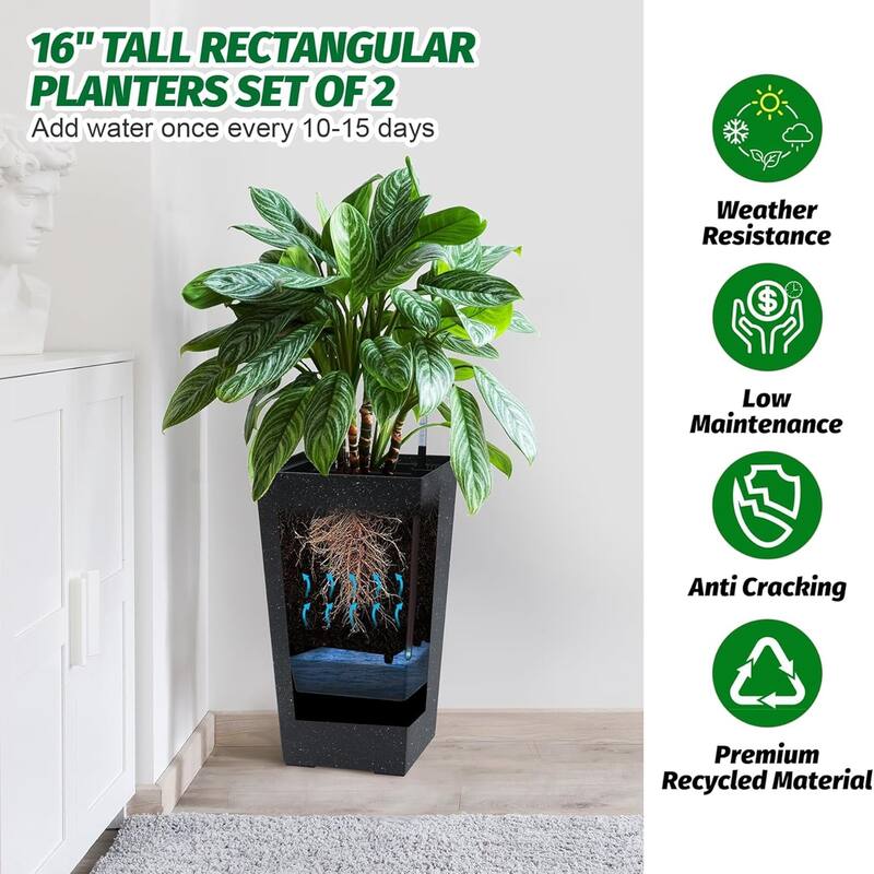 16-in Tall Self-Watering Planters Set of 4 with Drainage Holes Water Level Monitor and Inner Bucket Black