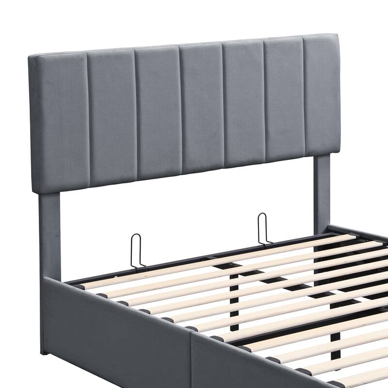 Linen Upholstered Bed Low Profile Platform Bed Storage Bedframe with Hydraulic Storage System, Headboard and Slats Support