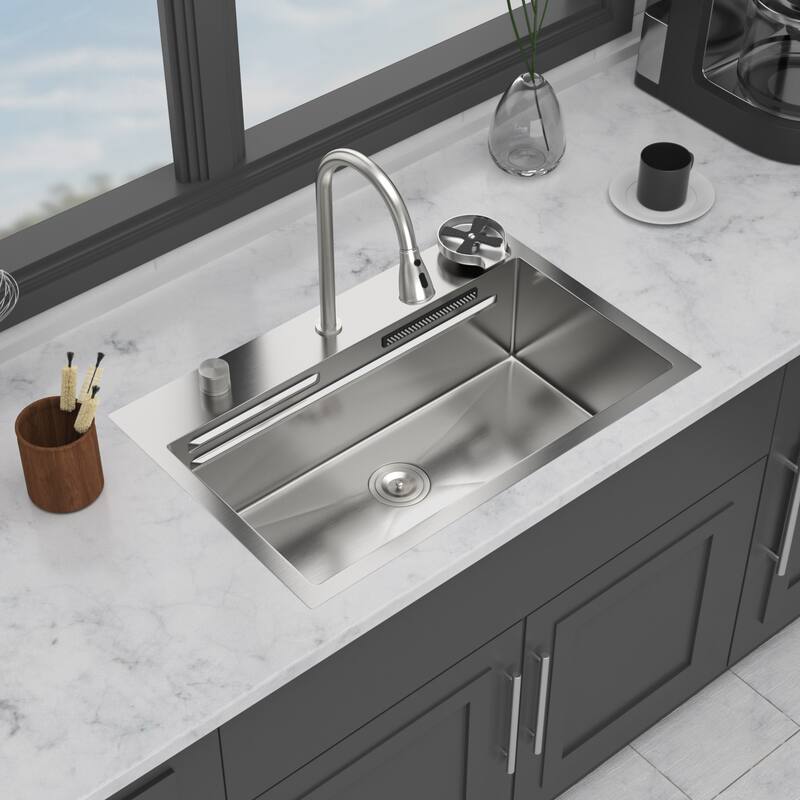 31.5 Inch Drop-in Single Bowl 16 Gauge Stainless Steel Kitchen Sink with Pull-Down Faucet - 31.5'' x 21'' x 9.4''