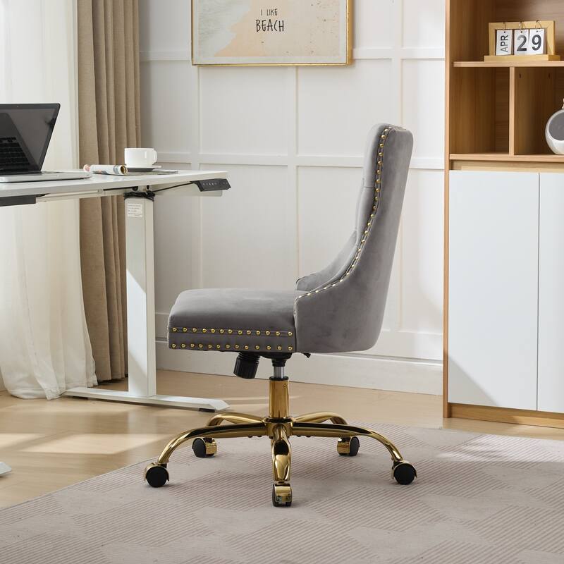 GDF Studio - Velvet Tufted Upholstered Home Office Chair with Golden Metal Base with Swivel Adjustment and Elegant Button Back