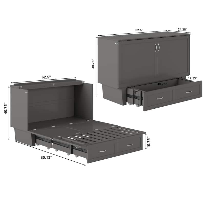 Monroe Queen Murphy Bed Chest with 6" Mattress, Storage Drawer & Built-In Charger in Grey