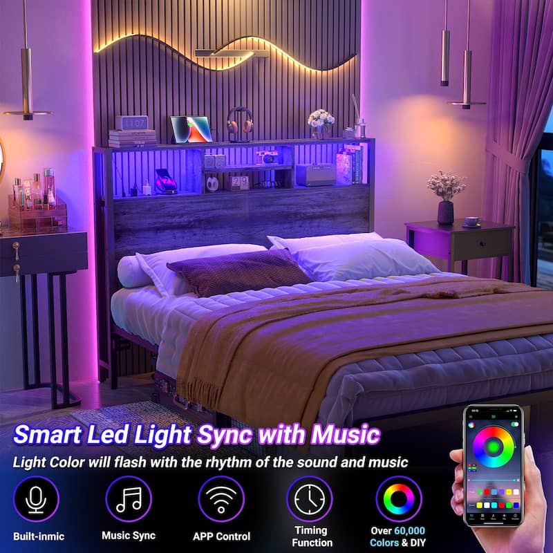 Headboard with Storage and Charge Station, Platform Bed Heaboard with LED Lights