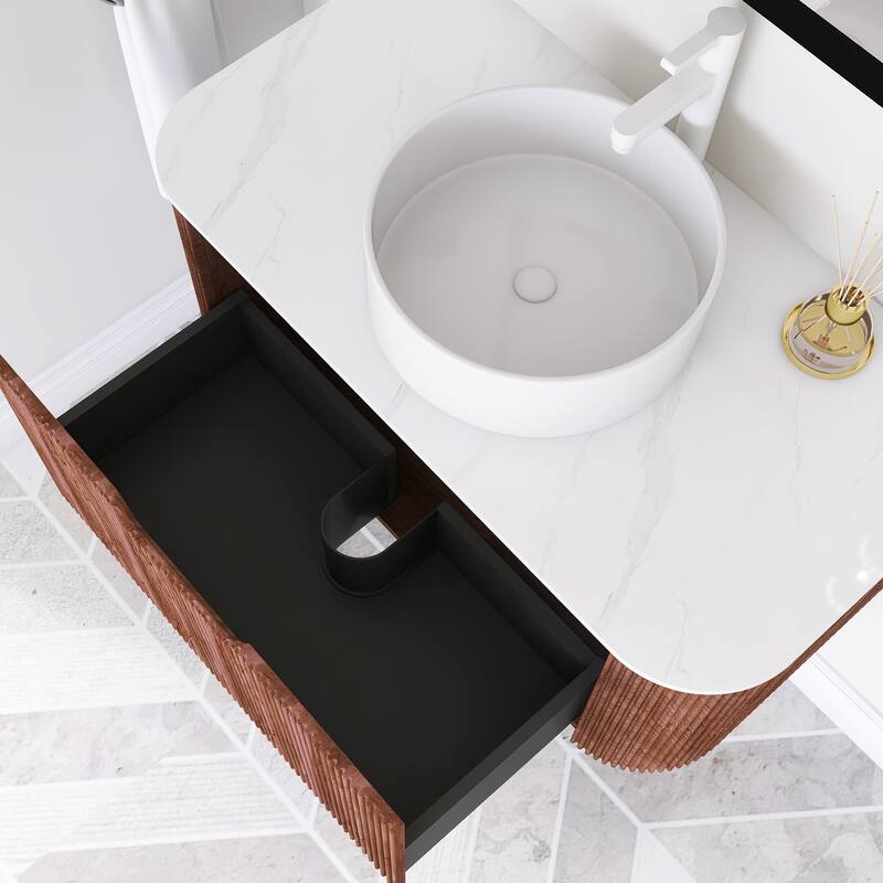 Plywood Wall-Mounted Bathroom Vanity Set with Integrated Ceramic Sink in Natural Wood