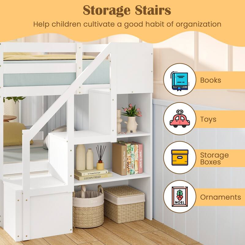 Twin Over Twin Low Bunk Bed with Storage Stairs, Floor Bunk Bed Frame
