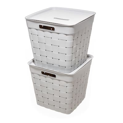STARPLAST Wide Weave Stacking Storage Bin with Lid, 2 Pack
