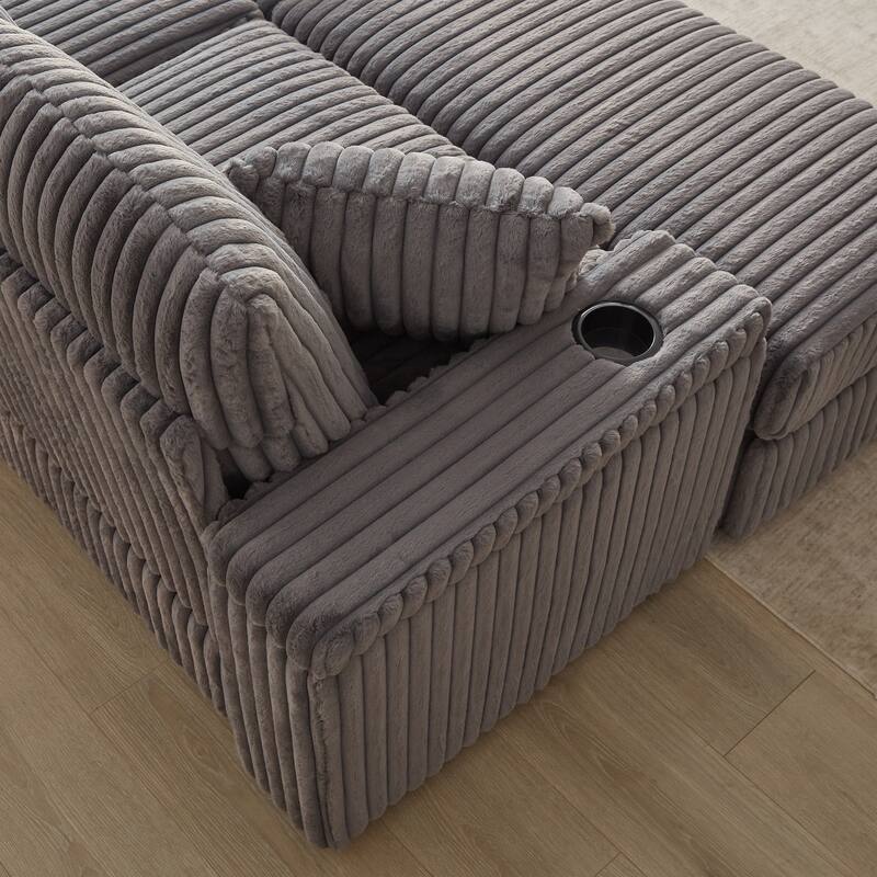 Deep Seat Sectional Loveseat Set with 2 Ottoman and 2 Pillows, Corduroy Chaise Lounge Bed with 2 Storage Spaces and Cupholding