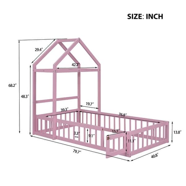 dimension image slide 1 of 6, Wooden Floor Bed wFence Railings and Detachable House Shape Headboard Platform Bed, Kids Montessori Style Playhouse Frame Bed