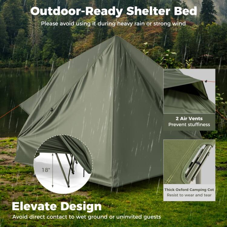 Green Oxford Cloth Metal 2-Person Camping Tent Cot Combo with Rainfly and Wheeled Bag - 80" x 51" x 64"