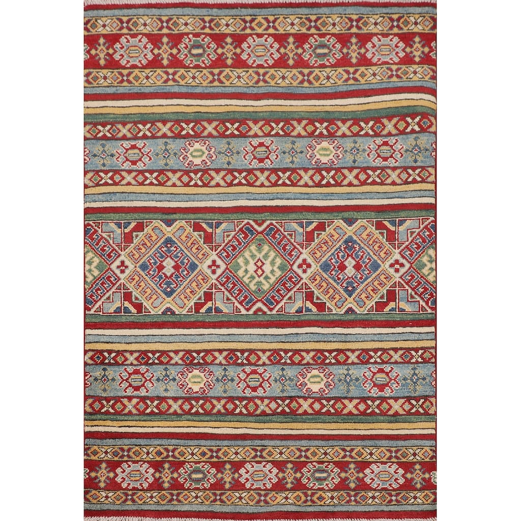 Geometric Kazak Accent Rug Handmade Multi-Color Wool Carpet - 3'4" x 5'0"