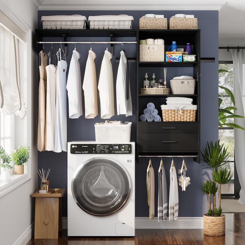 Rackcog Laundry Room Organizer with Drawers, Wall-mounted Closet System with Hanging Rods - Black