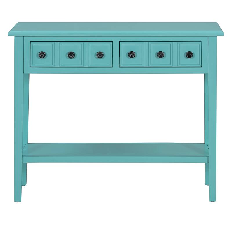 38.2" Rustic Console Table with Open Shelf and Three Drawers, Rubber Wood Legs
