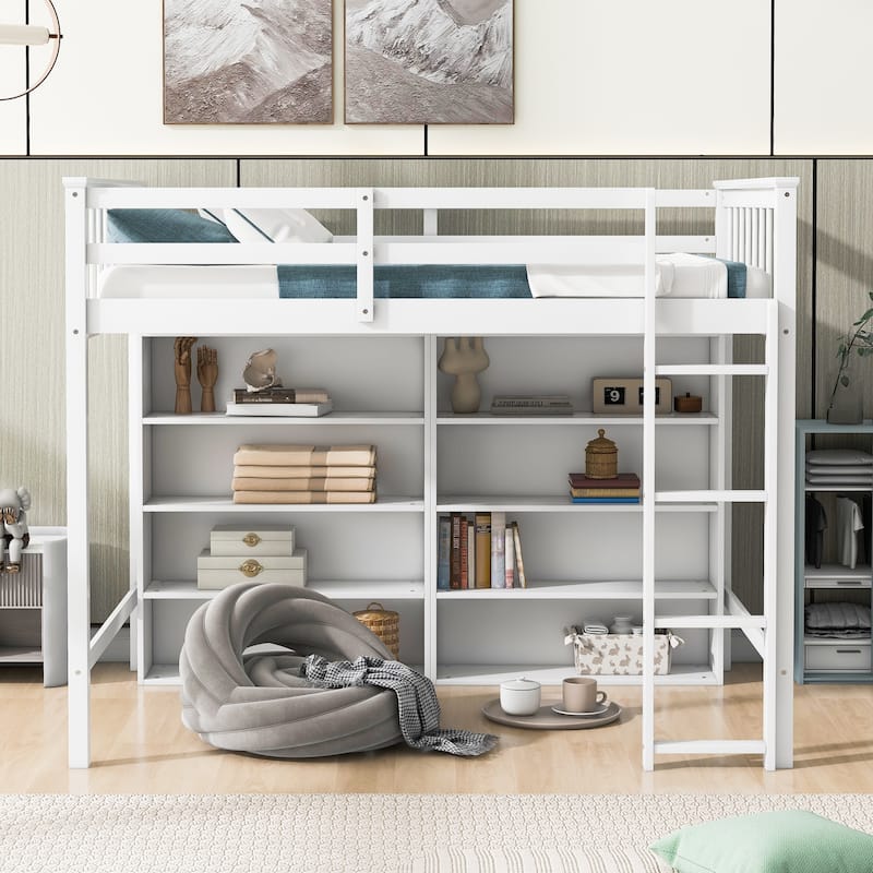 Loft Bed with 8 Storage Shelves and Built-in Ladder