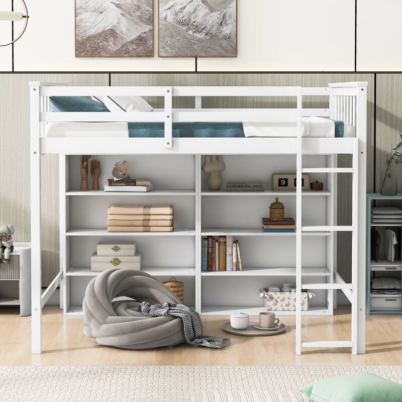 Loft Bed with All-in-One 8 Open Storage Shelf and 4 Step Ladder, Wood Loft Bed Slat Support for Kids Teens