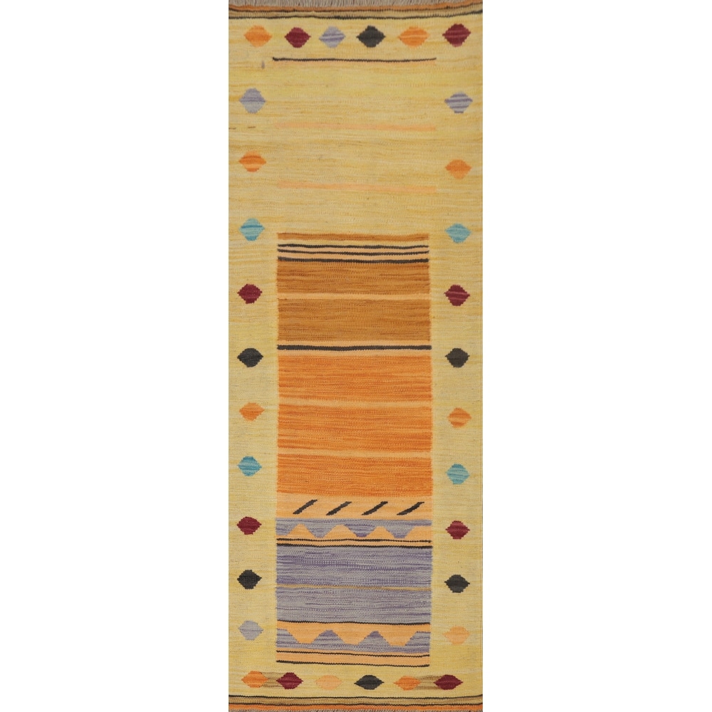 Hand Woven Oriental 100% Wool Carpet Southwestern Tribal Yellow & Gold Kilim Runner Rug - 6' 1'' X 2' 0''