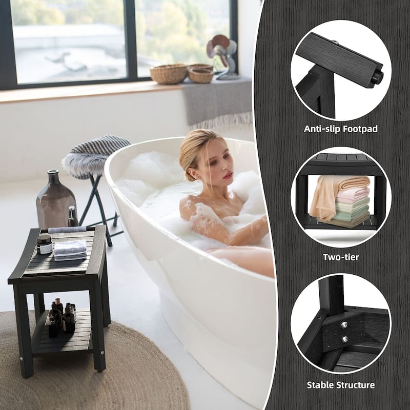 Plastic Shower Stool with Handles Storage Shelf Water Resistant & Non-Slip Shower Seat