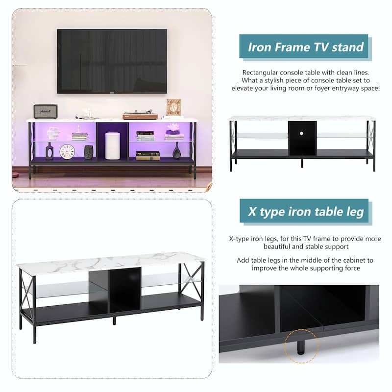 Modern Iron TV Stand with LED Lights, Remote Control, and Toughened Glass Shelves