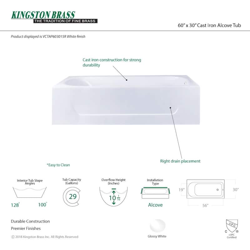 Kingston Brass Aqua Eden 60" Three Wall Alcove Cast Iron Soaking Tub