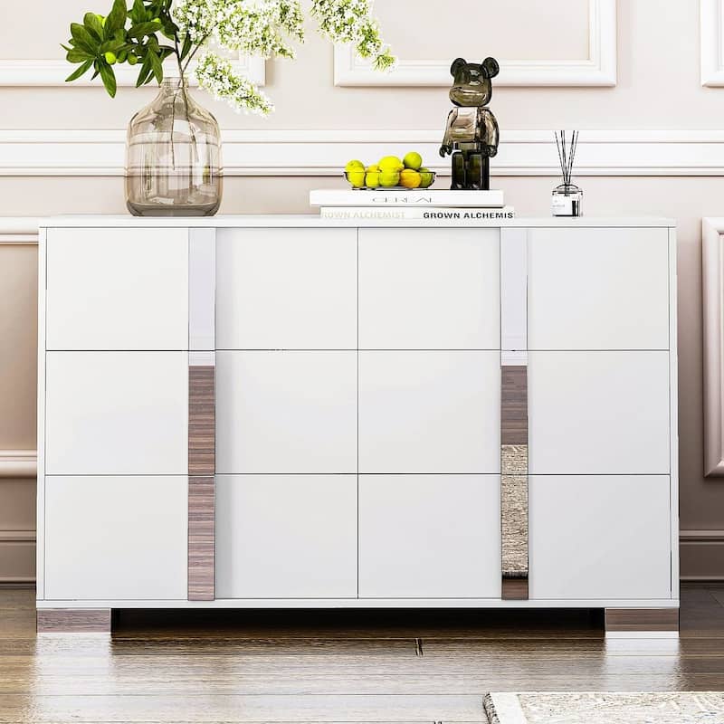 Modern Dresser Chest of 6 Drawers with Mirrored Handles - White