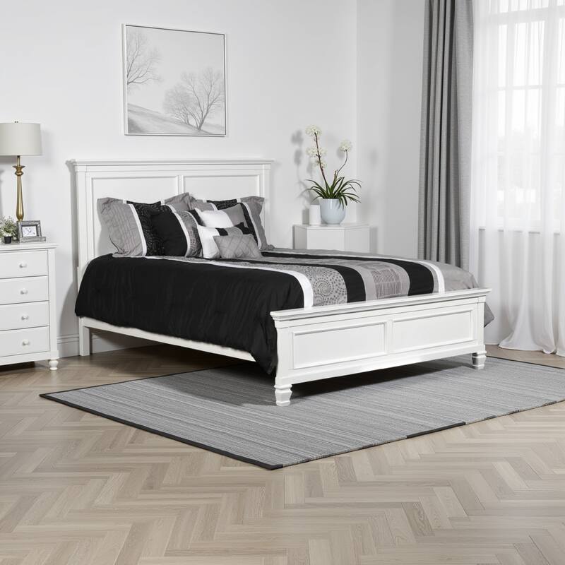 Umi Queen Size Bed, Classic Panel Design with Molded Details, White Wood