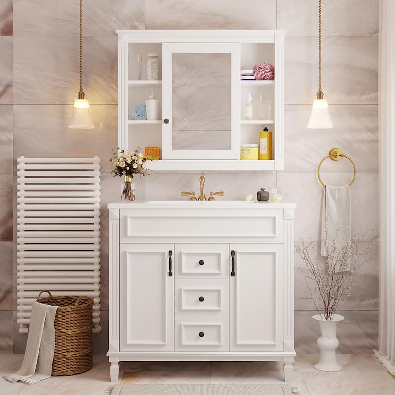 36'' Bathroom Vanity Combo Set with Mirror Cabinet, Modern Bathroom Storage Cabinet with 2 Soft Closing Doors and 2 Drawers
