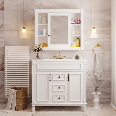 Bathroom Vanity Set with Medicine Cabinet and Floor Cabinet, Spacious Storage Cabinets with Mirror, Open Shelves and Drawers