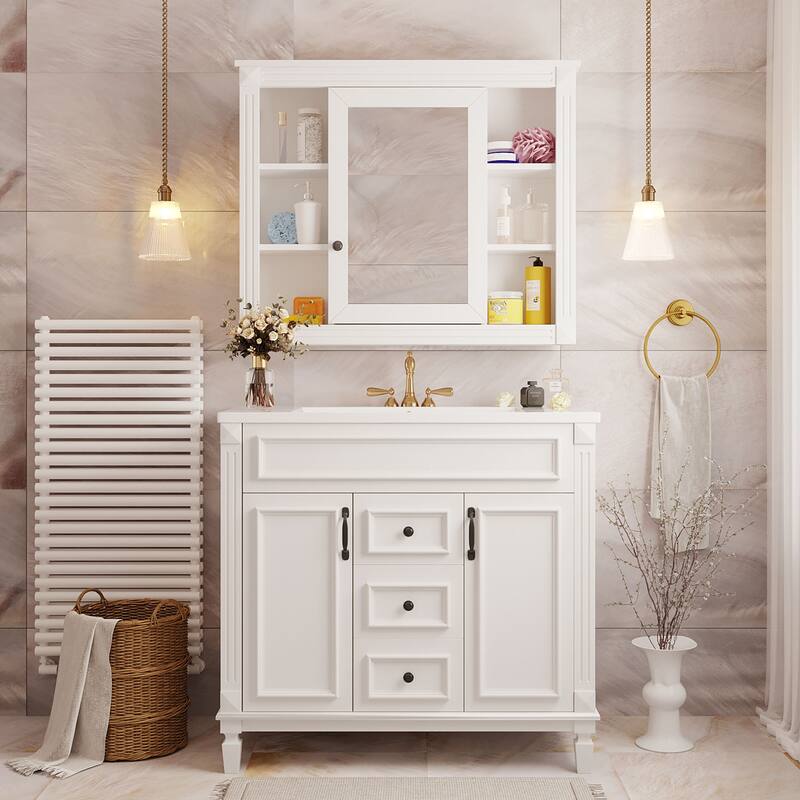 GDFStudio - Marwood Modern Bathroom Vanity Set with Ceramic Sink and Mirror Cabinet with 2 Soft Closing Doors & Drawers - 35.9'W - White