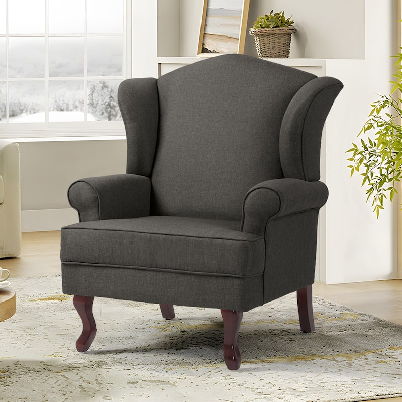 31" W Modern Upholstered Linen Wing Back Accent Chair with Rolled Arm - Dark Grey-Linen