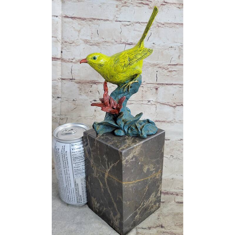 Bronze Metal Colorful Yellow Finch Songbird Bird Sculpture Statue Figurine Marble Base