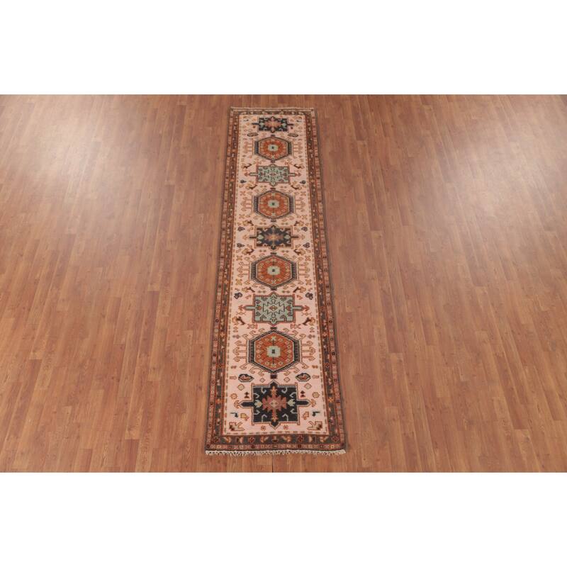 Geometric Pink Kazak Runner Rug Handmade Oriental Wool Carpet - 2'7"x 9'11"