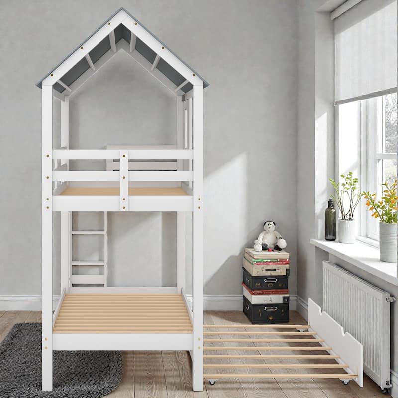 Twin House Bunk Bed with Trundle, Roof and Window Design, Solid Wood Triple Bed Frame for Kids Bedroom