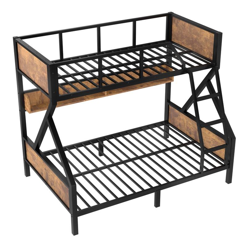 Twin over Full Bunk Bed, Metal Bunk Bed with Storage Shelves and Lights, Space-saving & Noise-free Design, Woodgrain