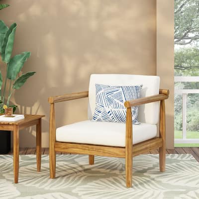 Roomfitters Modern Mid-Century Acacia Wood Outdoor Lounge Chair with Cream Cushions, Patio Seating