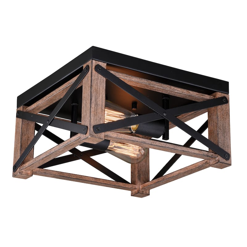 Colton 12-in W Brown Wood Cage Flush Mount Ceiling Light Fixture - 12-in W x 6.5-in H x 12-in D