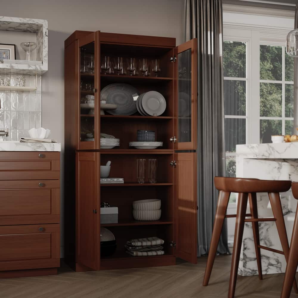 Palace Imports 100% Solid Wood 32" Pantry Cabinet with Clear Glass, Shaker Doors and Adjustable Shelves