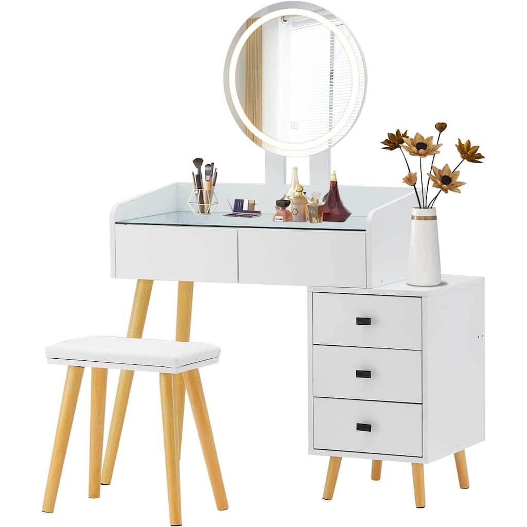 Dressing Table with LED Lights Glass Top Dressing Table with Extendable Table 5 Drawers Dressing Table with Mirror and Stool