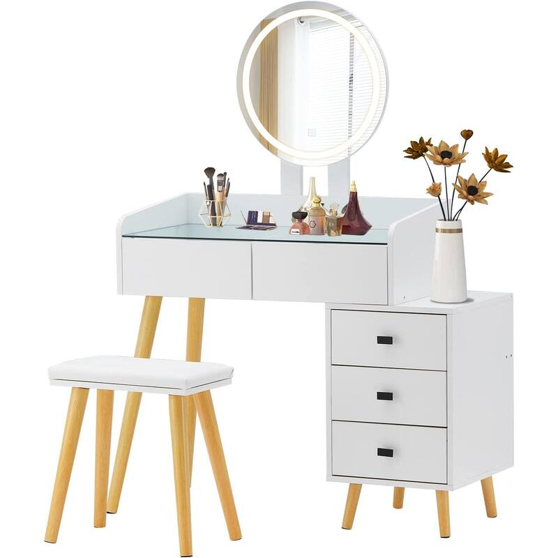 Extendable Make-up Vanity Set with Stool, 5 Drawers Dresser Glass Desktop Dressing Table with Round LED Mirror