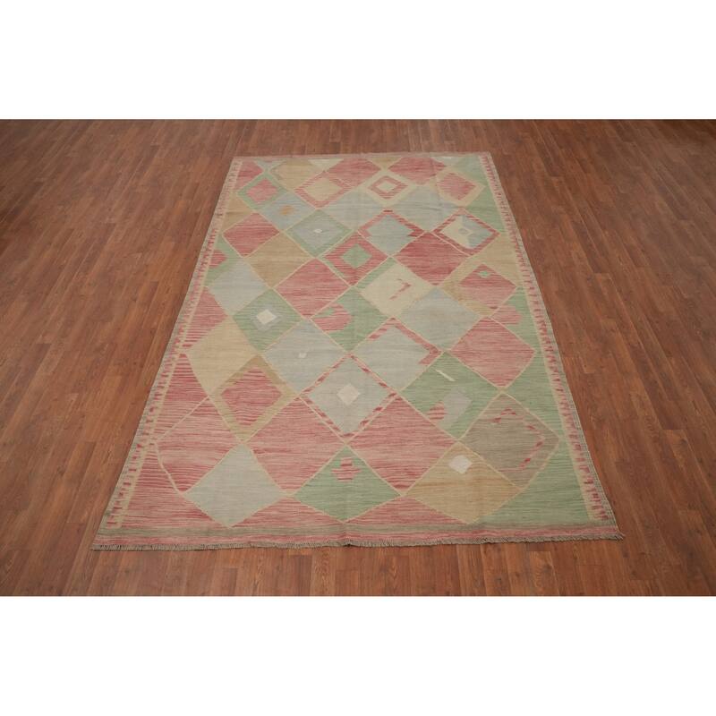 Hand Woven Oriental 100% Wool Carpet Southwestern Modern Pink Kilim Area Rug - 9' 0'' X 5' 11''