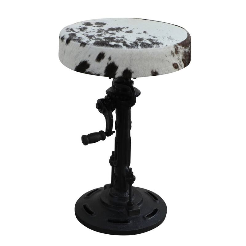 RAM Metal Crank Bar Stool with Black & White Cowhide Seat