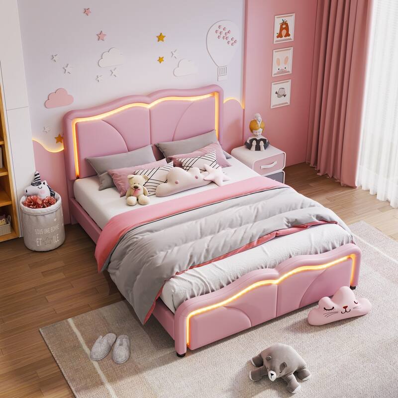 Roomfitters Twin/Full Size Upholstered Platform Bed with LED Light Headboard and Footboard, Wave Shaped Padded Frame, Pink