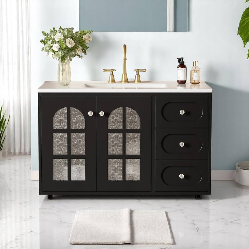 Modern 36 Inch Floating Bathroom Vanity with Sink, Black Wall Mounted Cabinet with Ceramic Top and Translucent Glass - Black