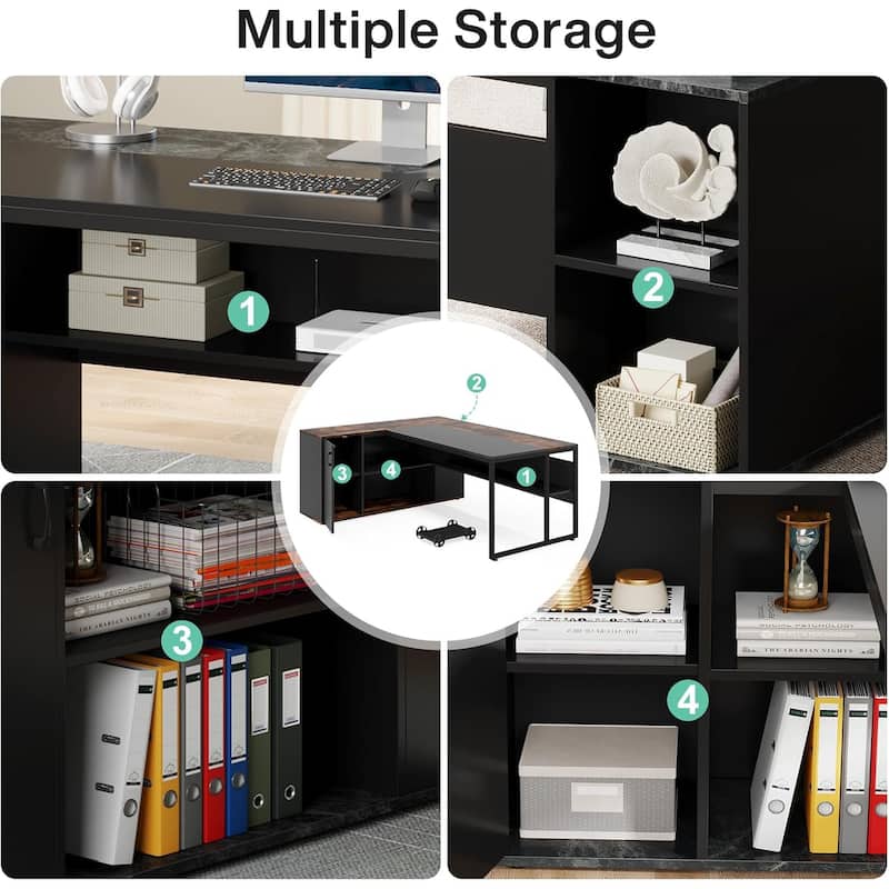 71" L-Shaped Executive Desk with Storage Cabinet & Shelves Black