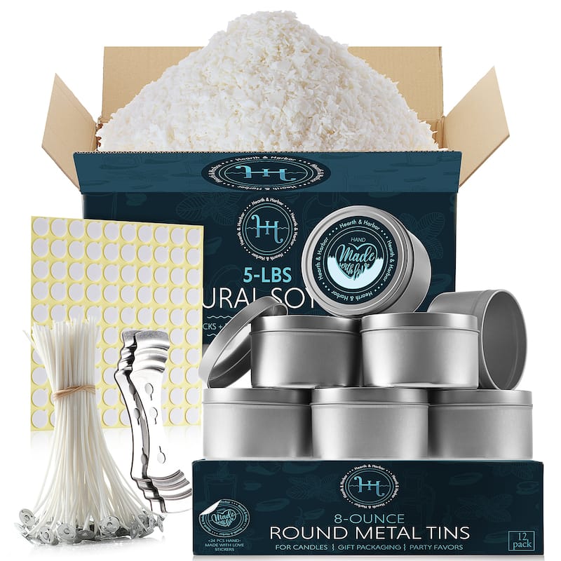 Hearth & Harbor Natural Soy Wax and DIY Candle Making Supplies - Wax Flakes, Candle Tins, Cotton Wicks, and 2 Centering Devices - 5Lbs Wax + 12 8oz Candle Tins