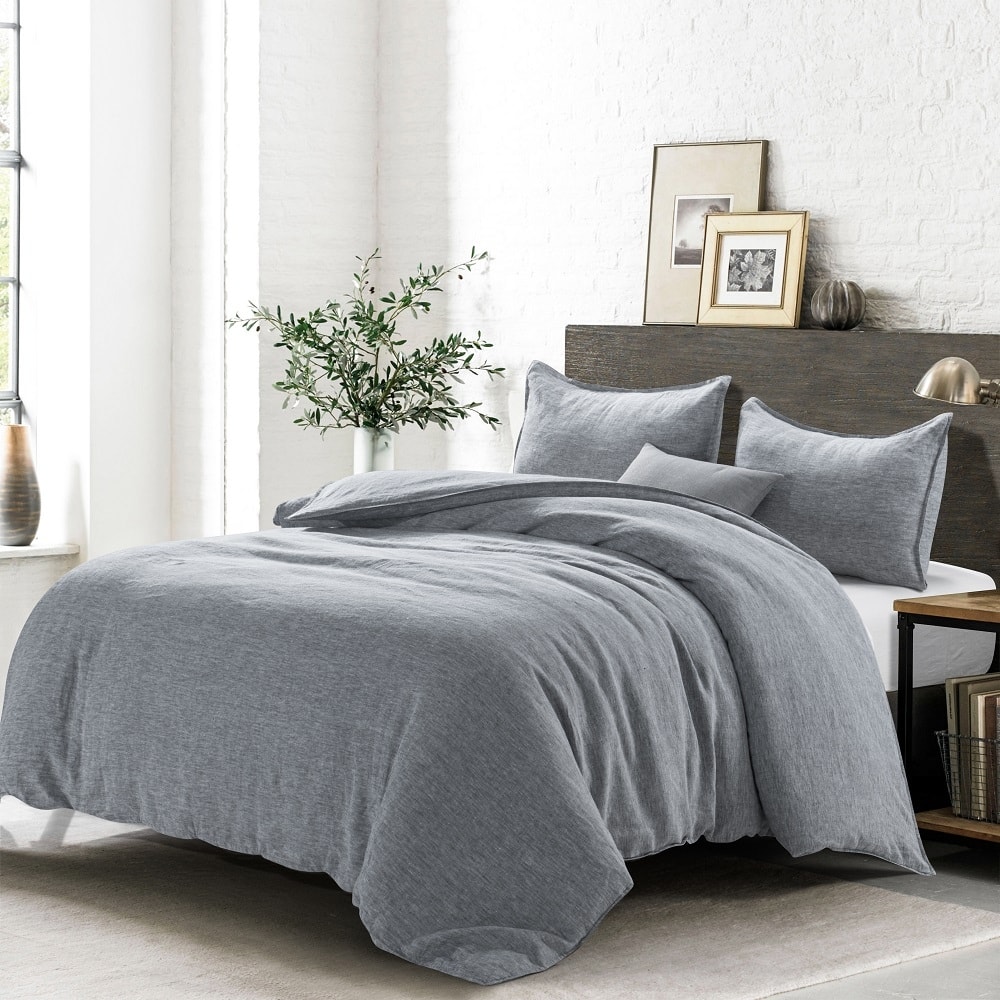 WHOLINENS 100 Percent French Linen Chambray Duvet Cover Set 3Pcs