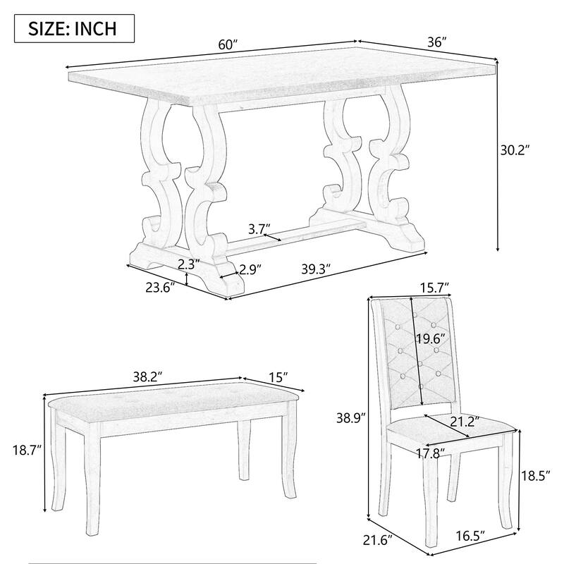 Rectangular Trestle Table and 4 Upholstered Chairs & Bench