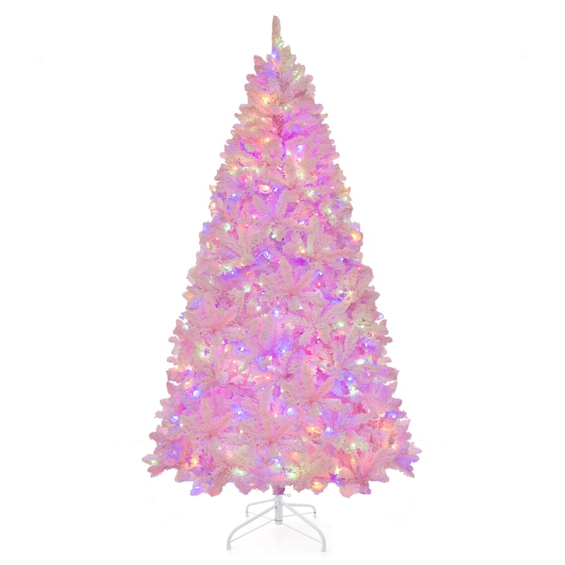 7 FT Flocked Artificial Christmas Tree w/ LED Lights 1200 Branch Tips - Pink