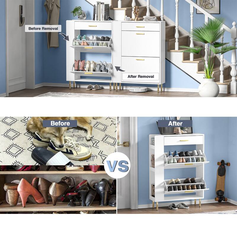 Anmytek Modern White Shoe Storage Cabinet 16 Pairs Slim Shoe Rack Organizer with 2 Flip Drawers - 29.5"W x 9.4"D x 41.3"H