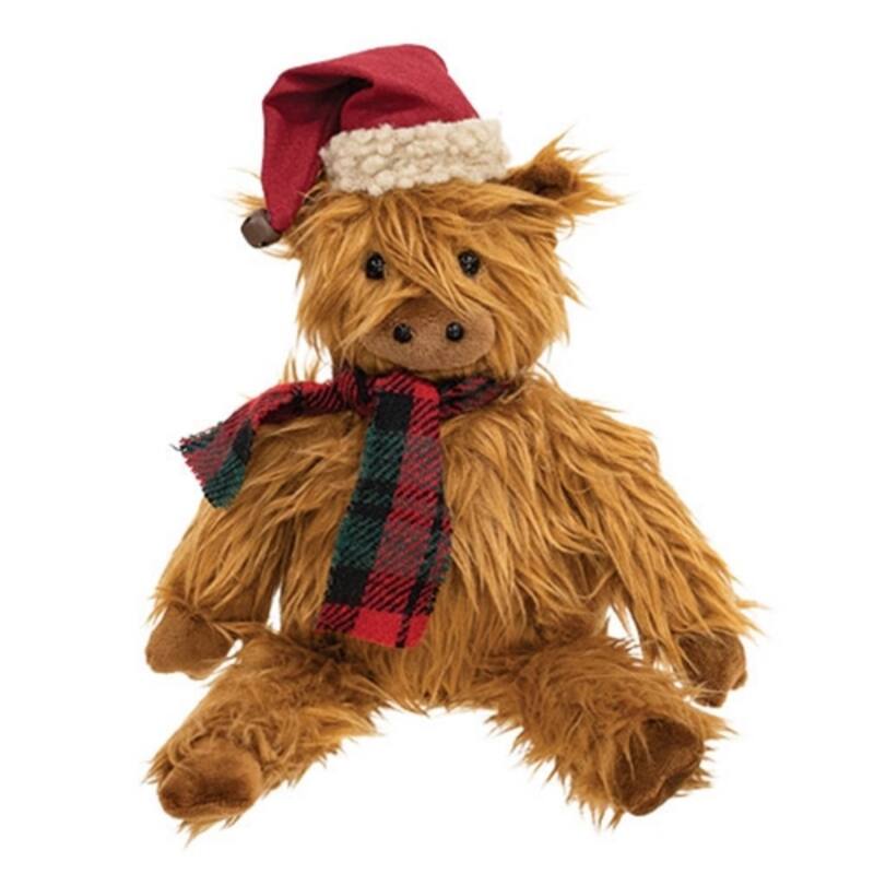 Fuzzy Highland Cow Shelf Sitter with Scarf Holiday Decor - 12” x 6” x 3” - Brown-Red