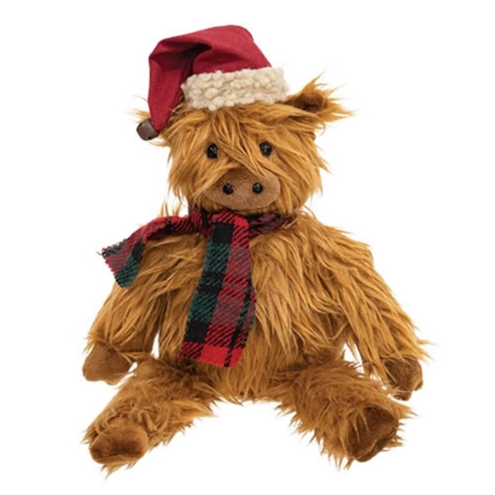Fuzzy Highland Cow Shelf Sitter with Scarf Holiday Decor - 12” x 6” x 3”