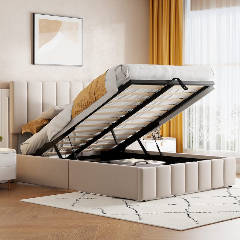 Hydraulic Lift Up Storage Bed, Linen Upholstered Platform Bed Frame with Vertical Panel Headboard, Wooden Slat Support