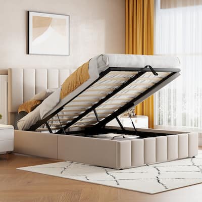 Roomfitters Full Size Upholstered Platform Bed with Hydraulic Storage System, Space-Saving Modern Frame